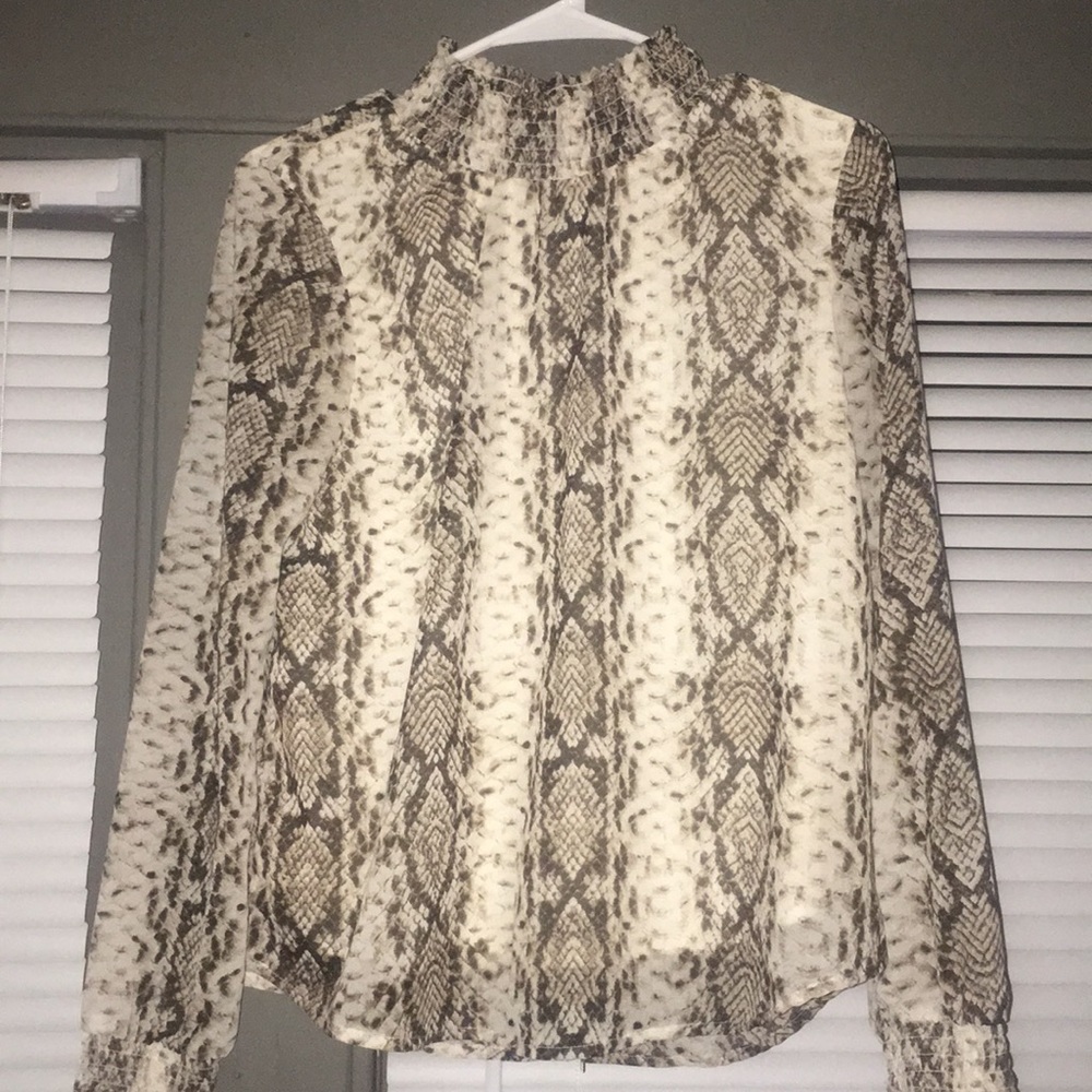 Rouched turtleneck snakeskin print sheer top